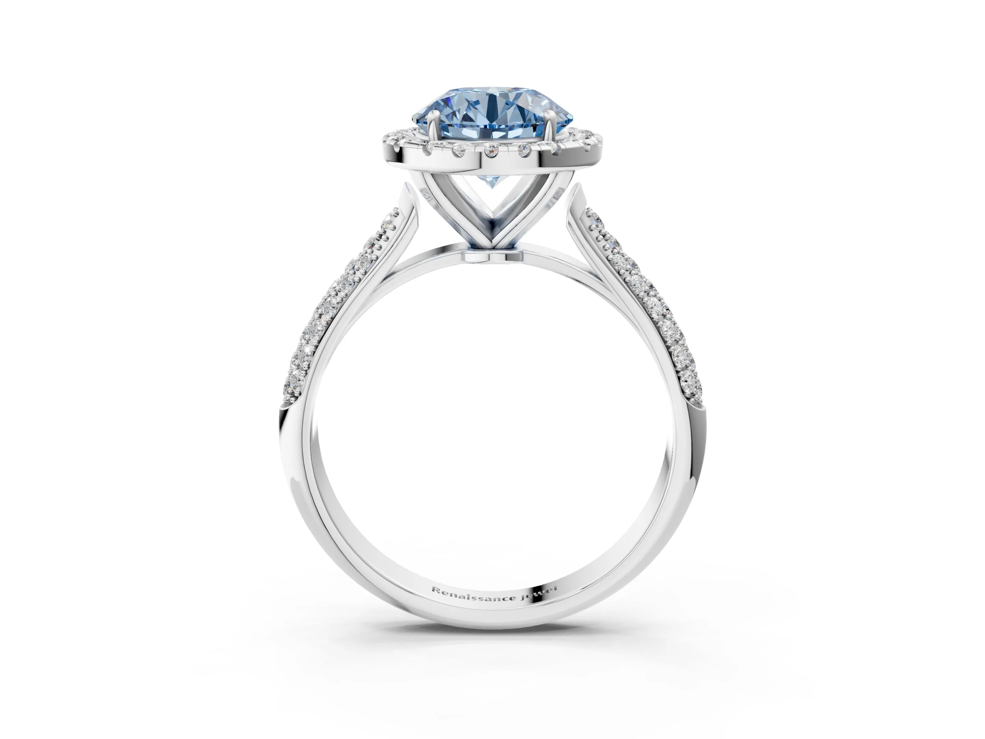 White gold Fancy Blue Round Cut Halo Diamond Ring with Pavé Band_39