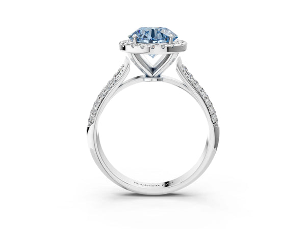 Platinum Fancy Blue Round Cut Halo Diamond Ring with Pavé Band