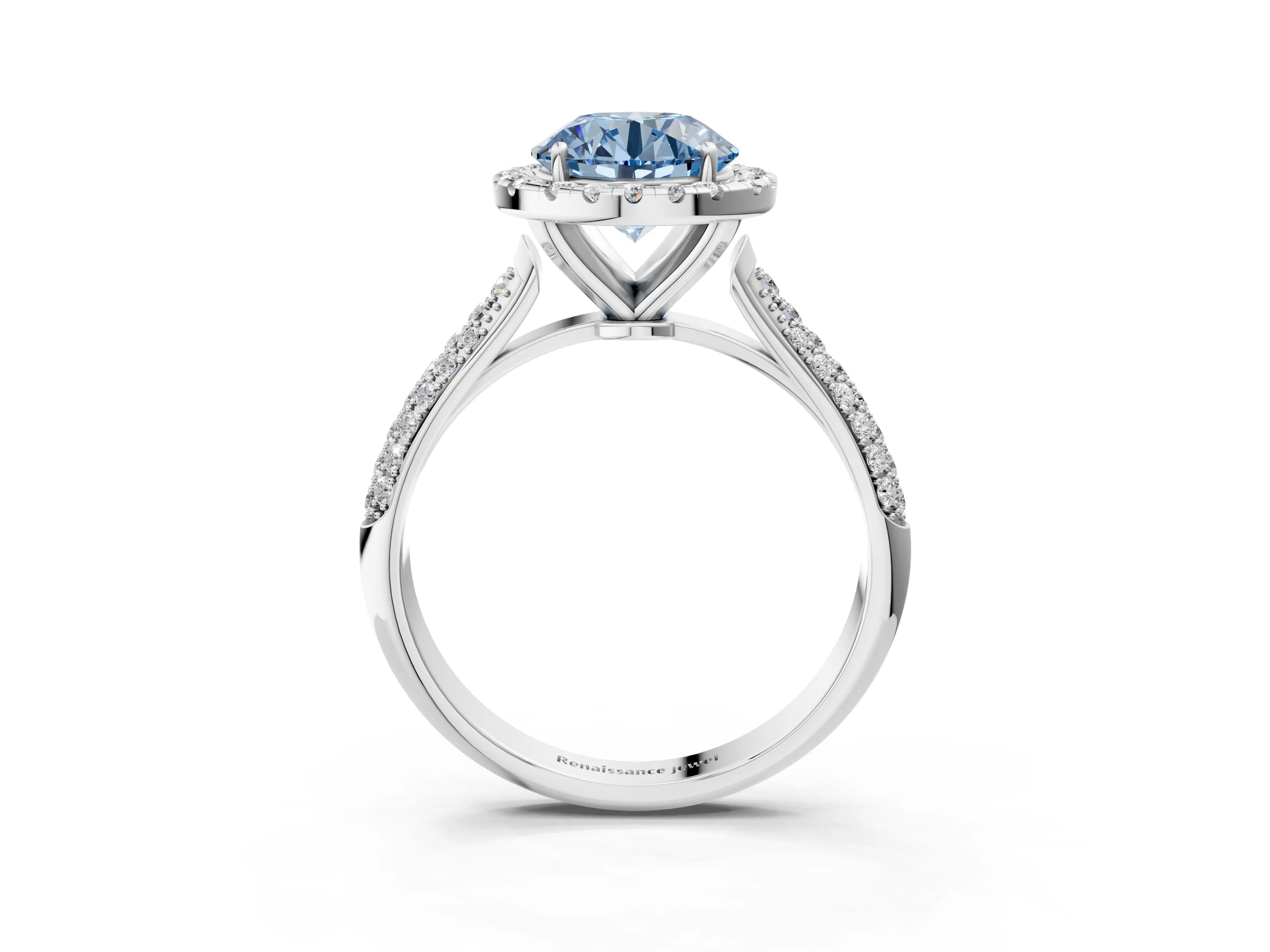 White gold Fancy Blue Round Cut Halo Diamond Ring with Pavé Band_3