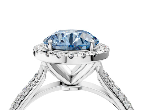 White gold Fancy Blue Round Cut Halo Diamond Ring with Pavé Band_40