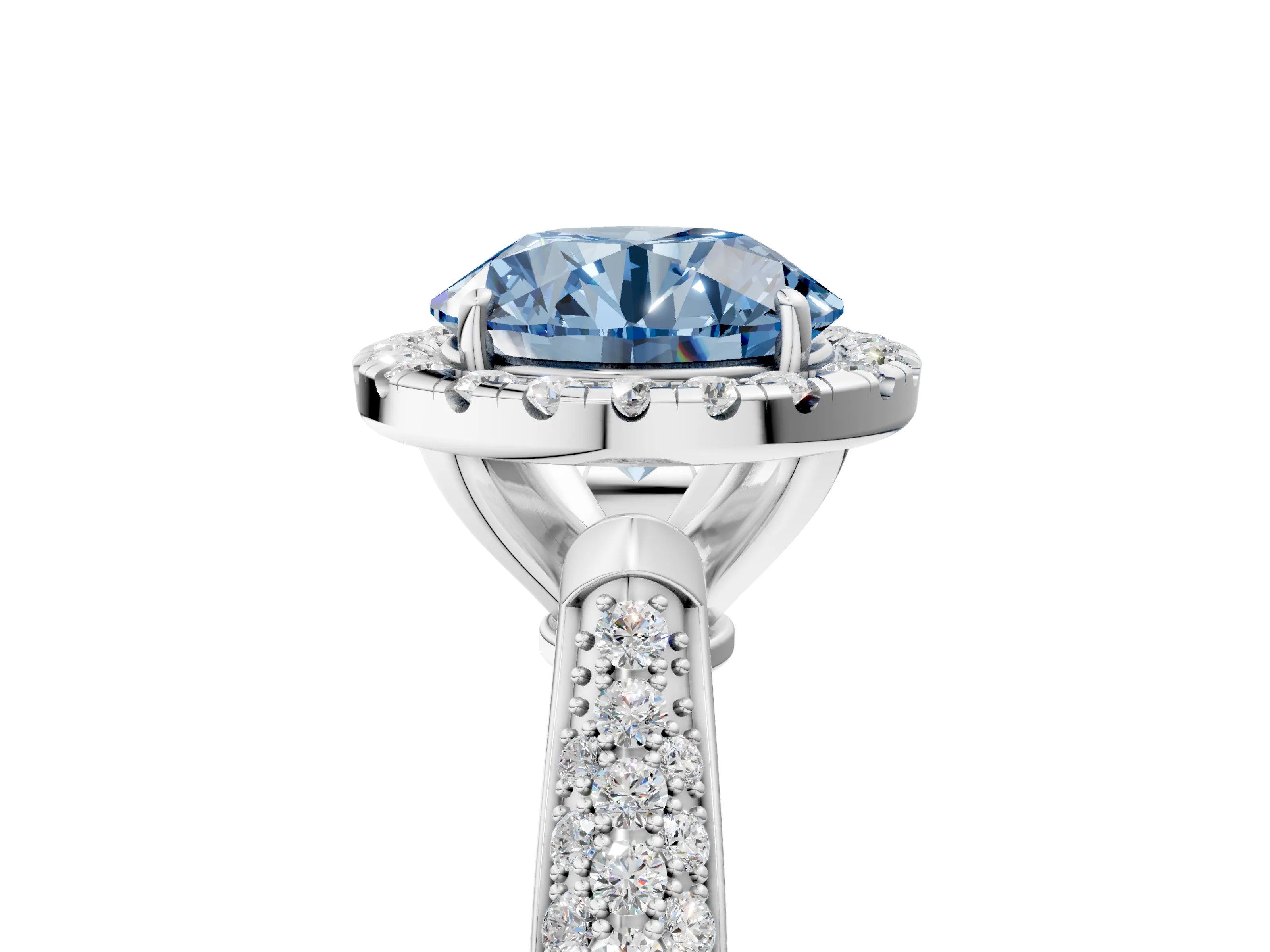 White gold Fancy Blue Round Cut Halo Diamond Ring with Pavé Band_41