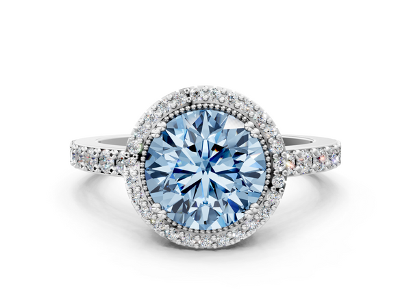 Platinum Fancy Blue Round  Cut Diamond Halo Engagement Ring with Milgrain Detail and Pavé Band