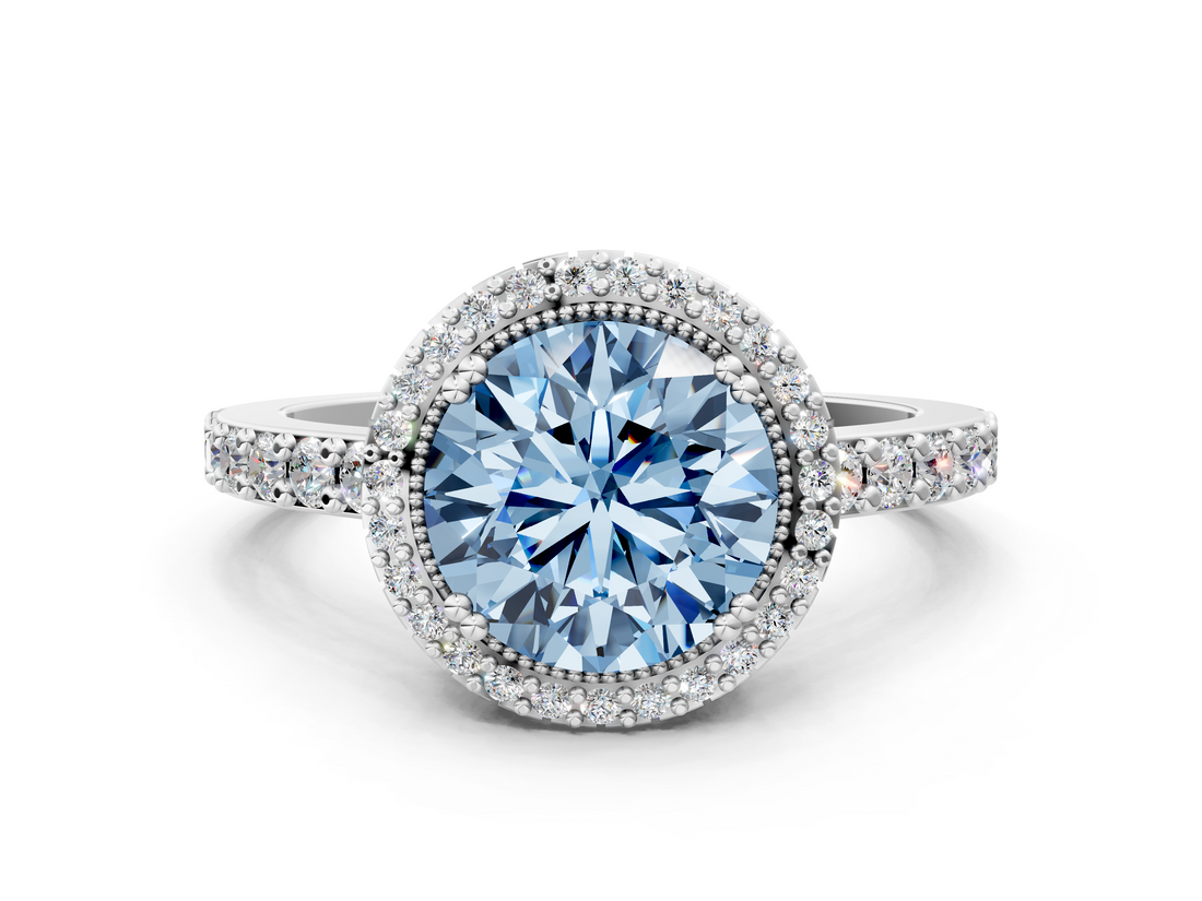 White gold Fancy Blue Round  Cut Halo Diamond Ring with Pave Band and Four-Prong Setting_26