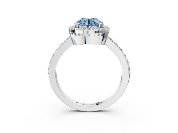Platinum Fancy Blue Round  Cut Diamond Halo Engagement Ring with Milgrain Detail and Pavé Band