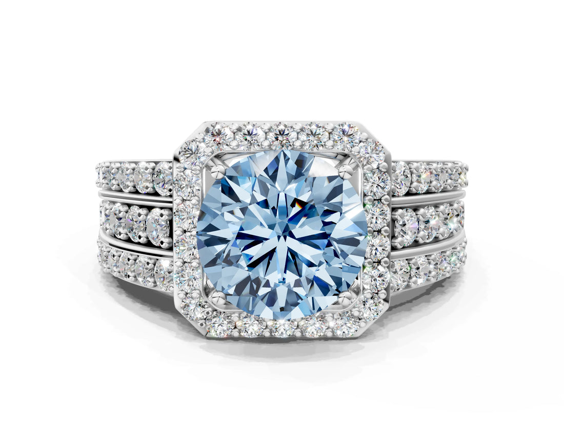 White gold Fancy Blue Round Cut Halo Diamond Ring with Round  Split Shank and Prong Setting_154