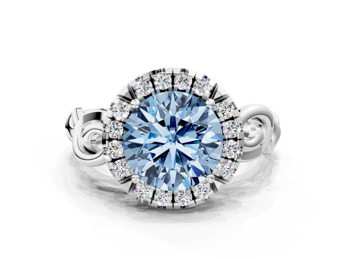 White gold Fancy Blue Round  Cut Halo Diamond Ring with Scrollwork Band and Four-Prong Setting_121