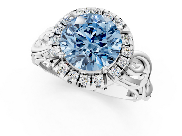 Platinum Fancy Blue Round  Cut Halo Diamond Ring with Scrollwork Band and Four-Prong Setting