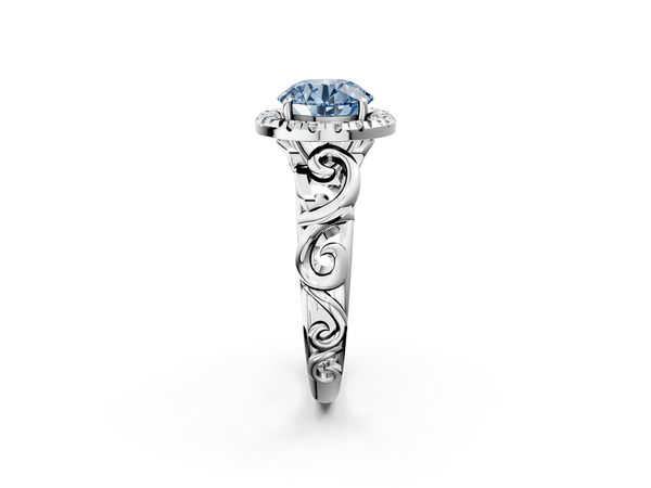 Platinum Fancy Blue Round  Cut Halo Diamond Ring with Scrollwork Band and Four-Prong Setting