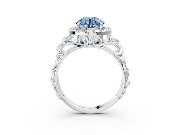 Platinum Fancy Blue Round  Cut Halo Diamond Ring with Scrollwork Band and Four-Prong Setting