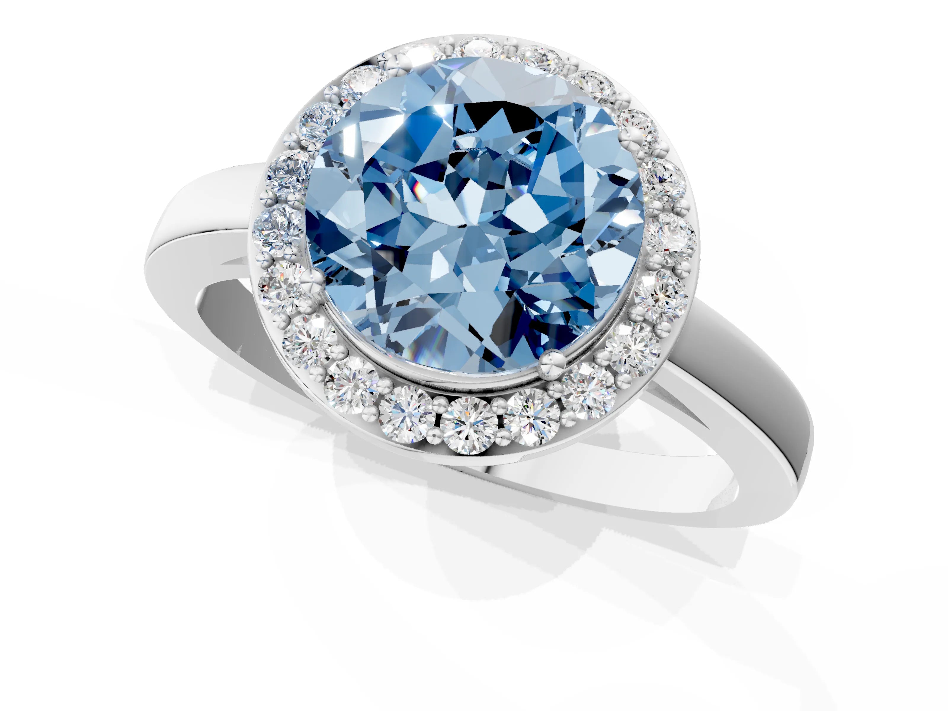 White gold Fancy Blue Round Cut Halo Diamond Ring with Solitaire Band and Prong Setting_1