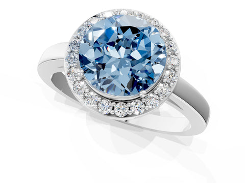 White gold Fancy Blue Round Cut Halo Diamond Ring with Solitaire Band and Prong Setting_1