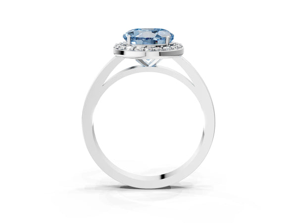Platinum Fancy Blue Round Cut Halo Diamond Ring with Solitaire Band and Prong Setting