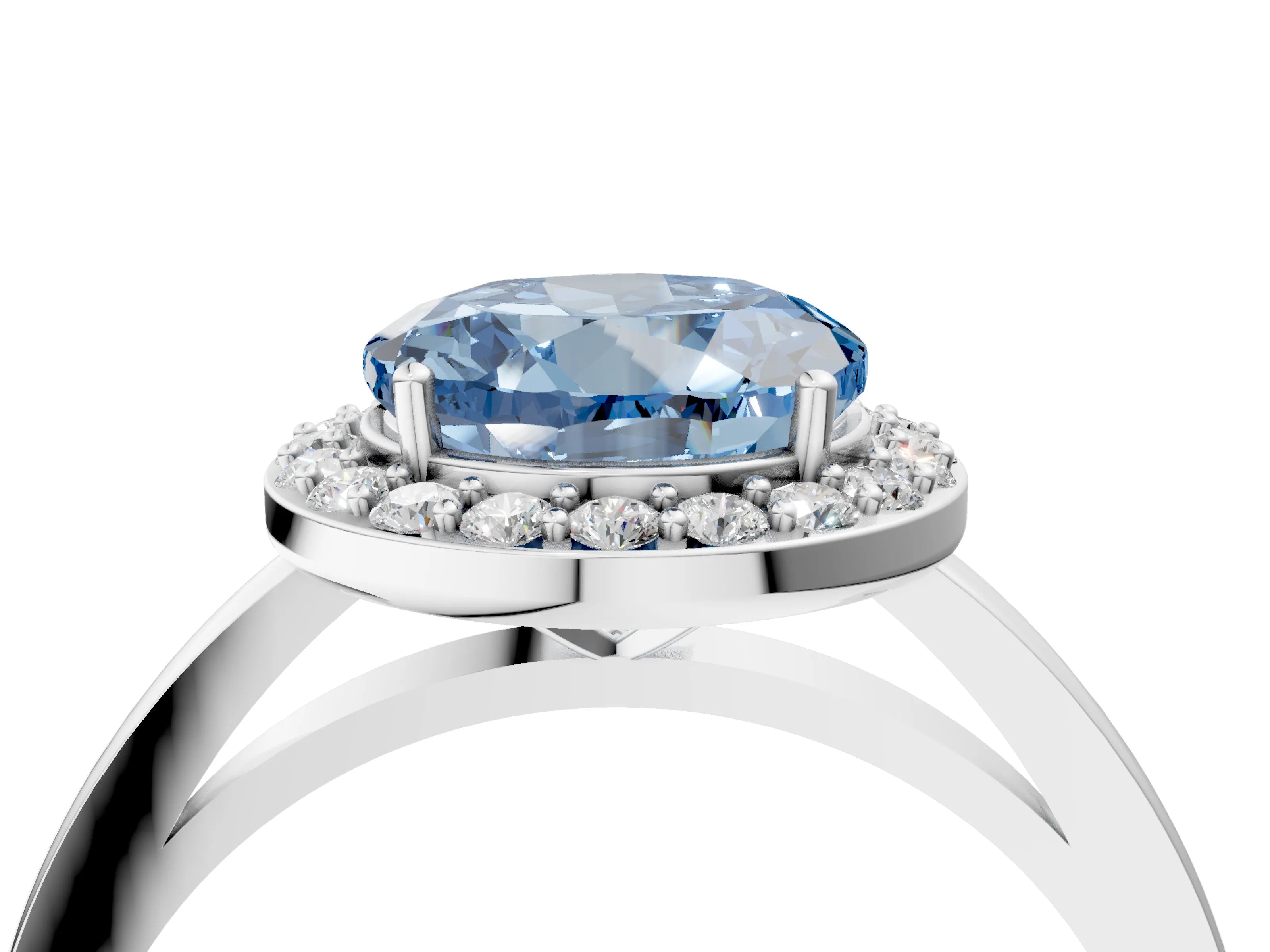 White gold Fancy Blue Round Cut Halo Diamond Ring with Solitaire Band and Prong Setting_4