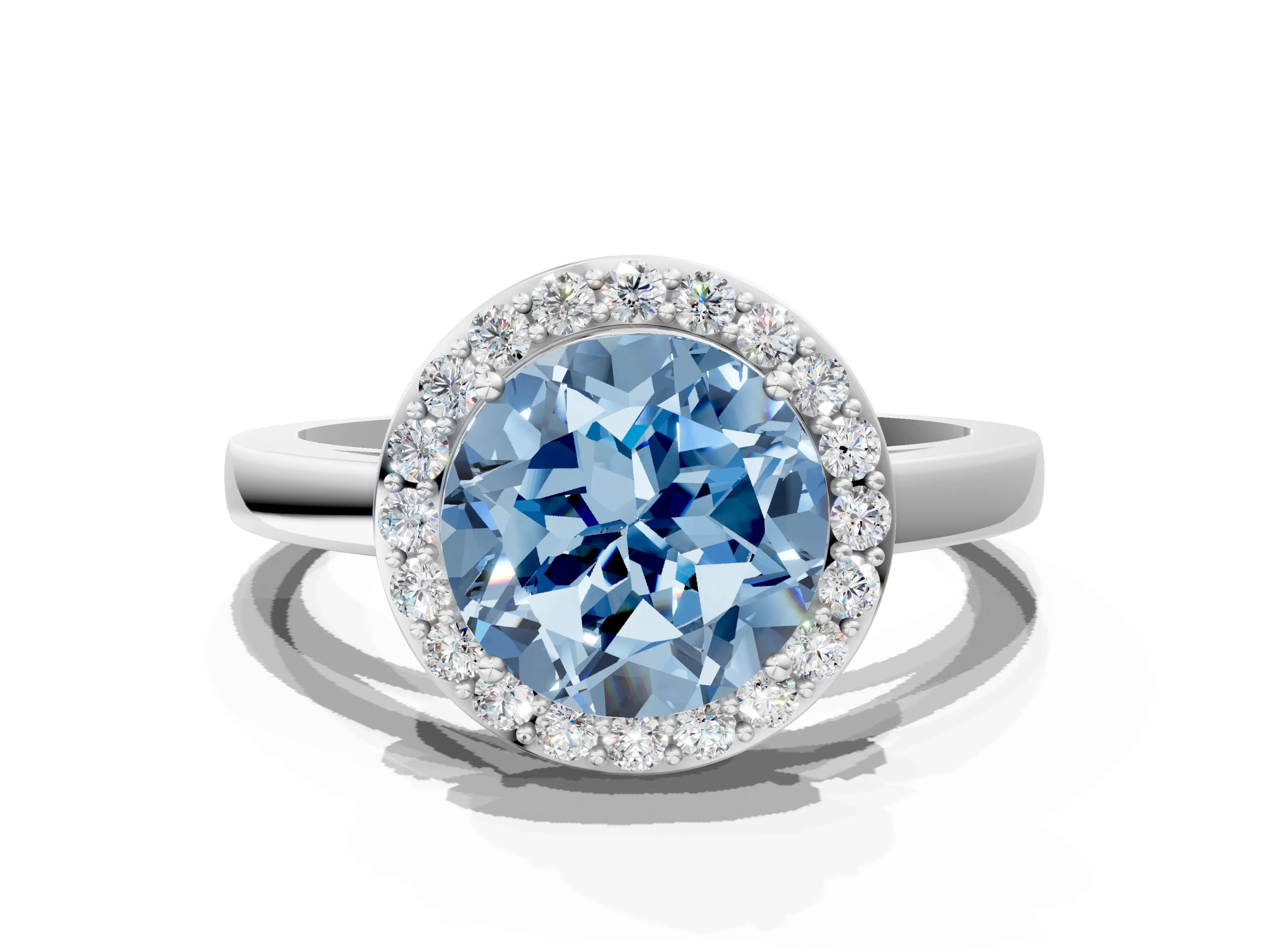 White gold Fancy Blue Round Cut Halo Diamond Ring with Solitaire Band and Prong Setting