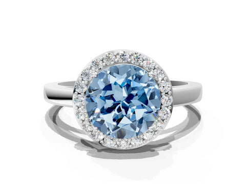 White gold Fancy Blue Round Cut Halo Diamond Ring with Solitaire Band and Prong Setting
