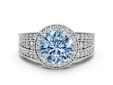 White gold Fancy Blue Round Cut Halo Diamond Split Shank Ring with Prong Setting