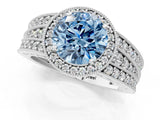 White gold Fancy Blue Round Cut Halo Diamond Split Shank Ring with Prong Setting_1