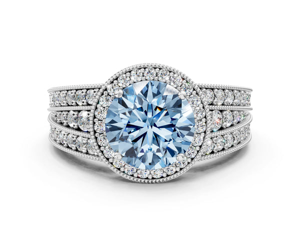 White gold Fancy Blue Round Cut Halo Diamond Split Shank Ring with Prong Setting