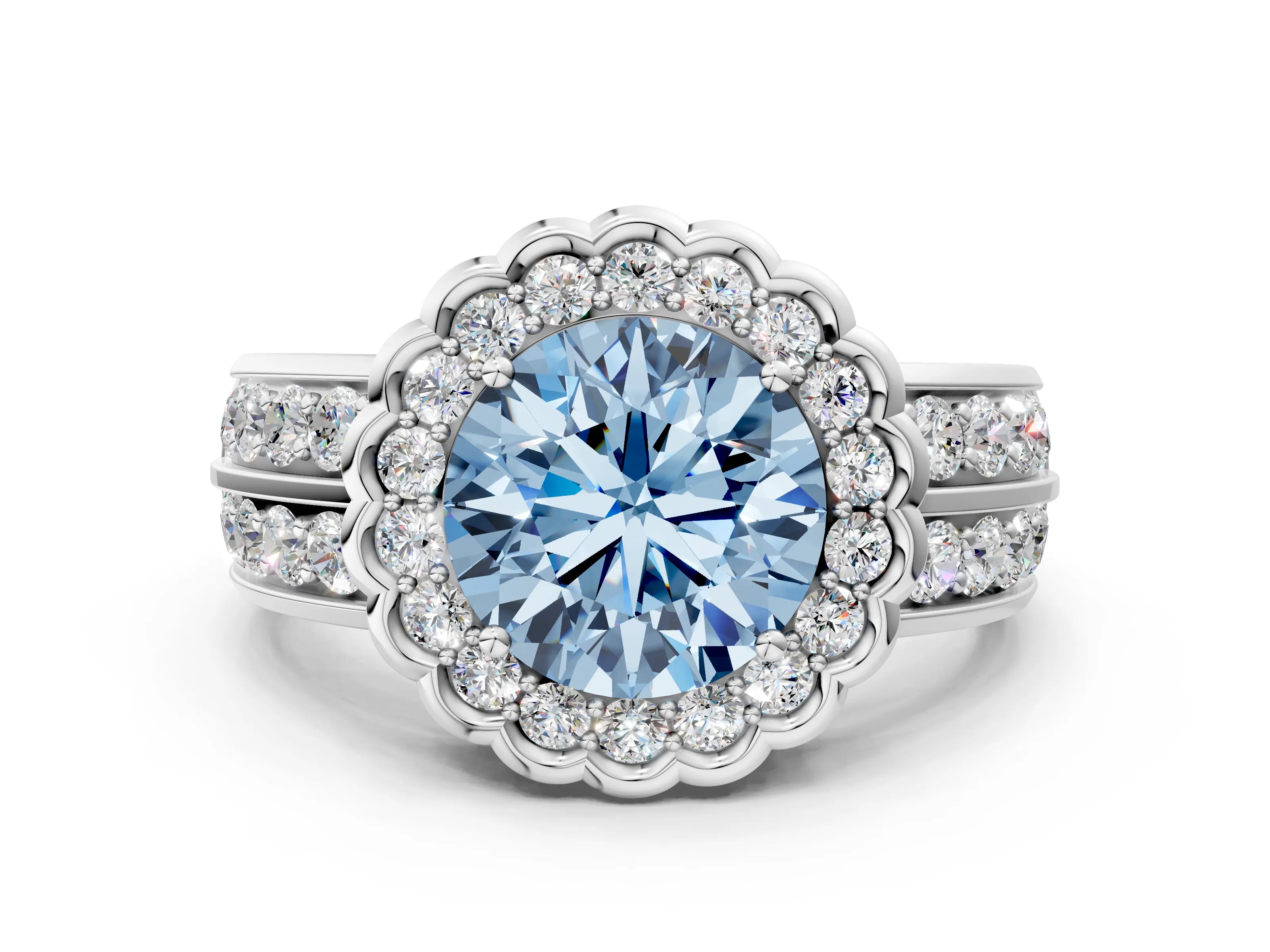 White gold Fancy Blue Round Cut Halo Diamond Split Shank Ring with Scalloped Prong Setting_12