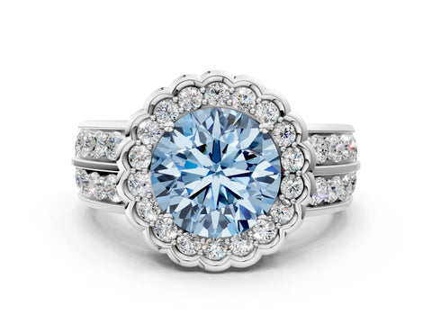 White gold Fancy Blue Round Cut Halo Diamond Split Shank Ring with Scalloped Prong Setting_12