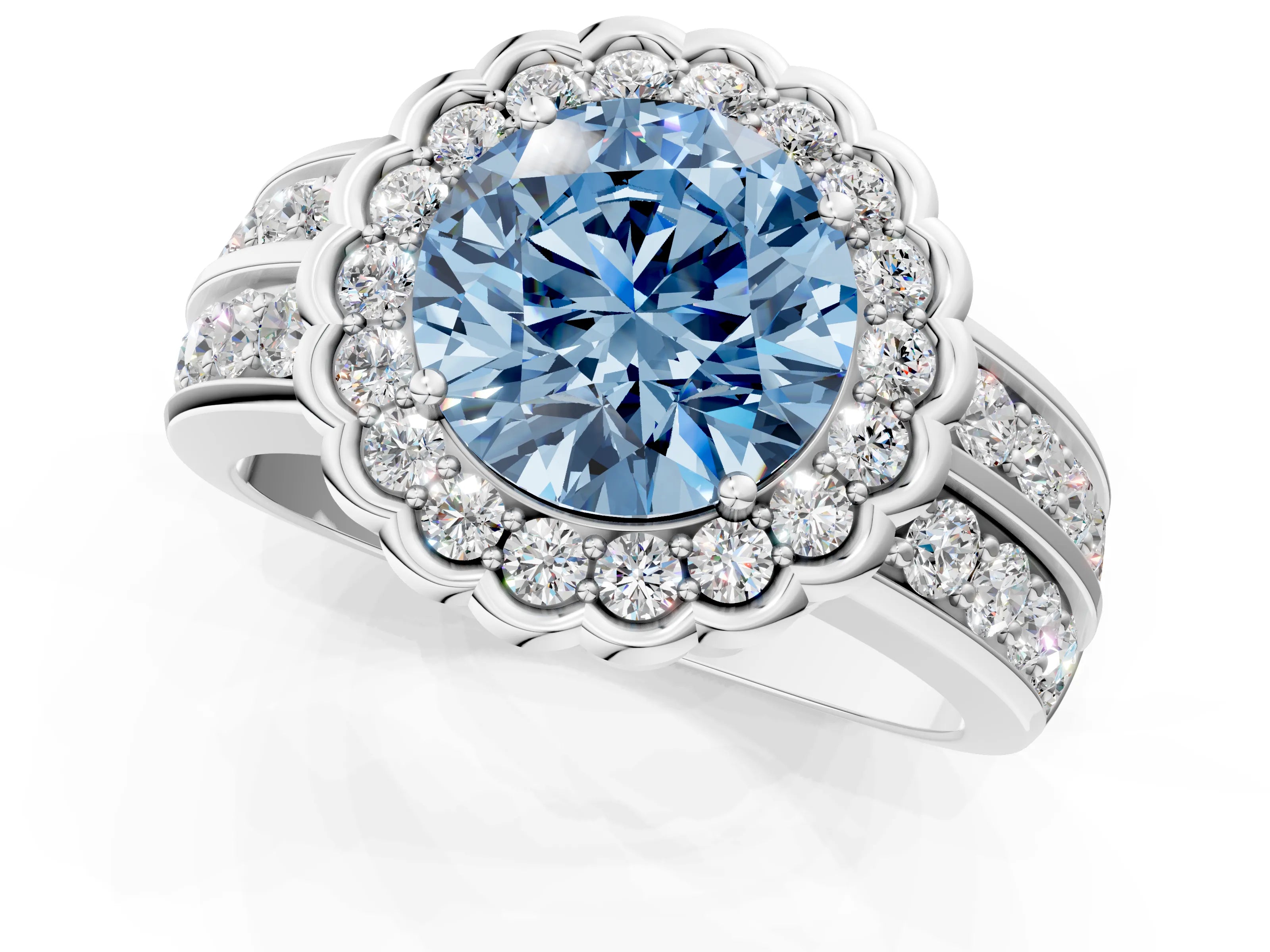 White gold Fancy Blue Round Cut Halo Diamond Split Shank Ring with Scalloped Prong Setting_13