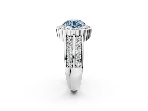 White gold Fancy Blue Round Cut Halo Diamond Split Shank Ring with Scalloped Prong Setting_14
