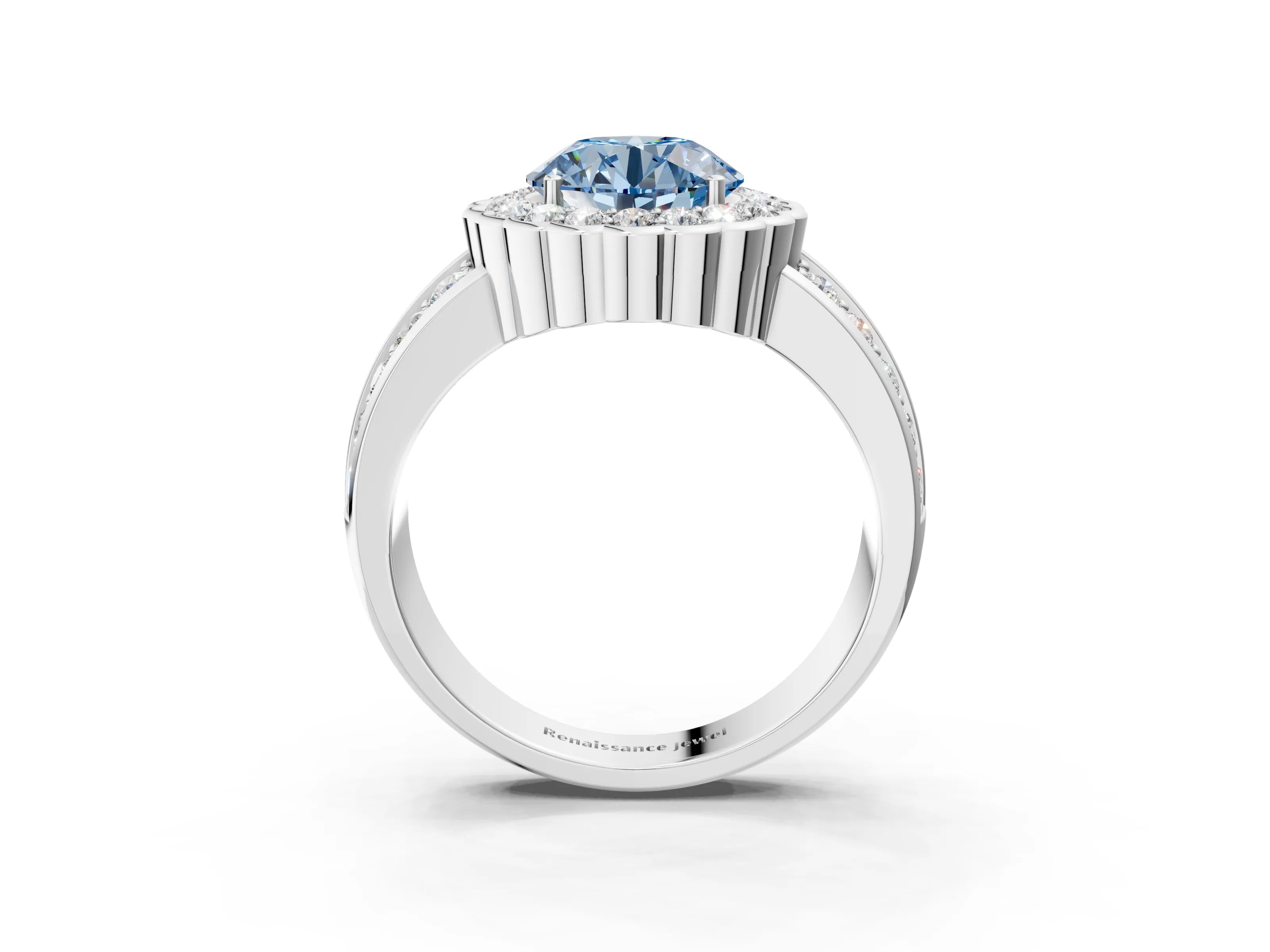White gold Fancy Blue Round Cut Halo Diamond Split Shank Ring with Scalloped Prong Setting_15
