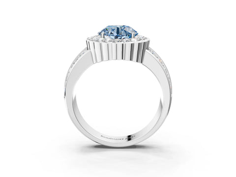 White gold Fancy Blue Round Cut Halo Diamond Split Shank Ring with Scalloped Prong Setting_15