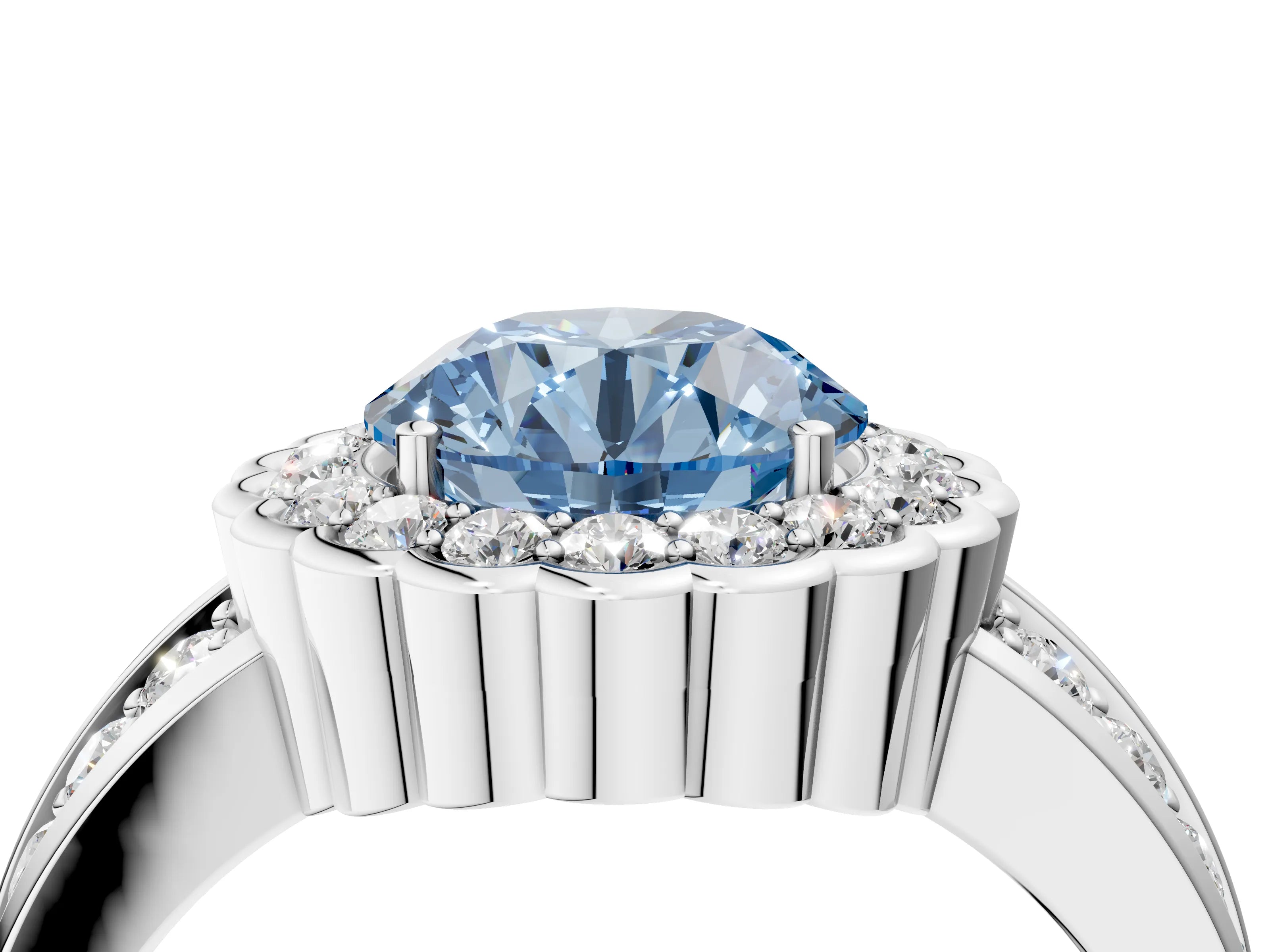 White gold Fancy Blue Round Cut Halo Diamond Split Shank Ring with Scalloped Prong Setting_16