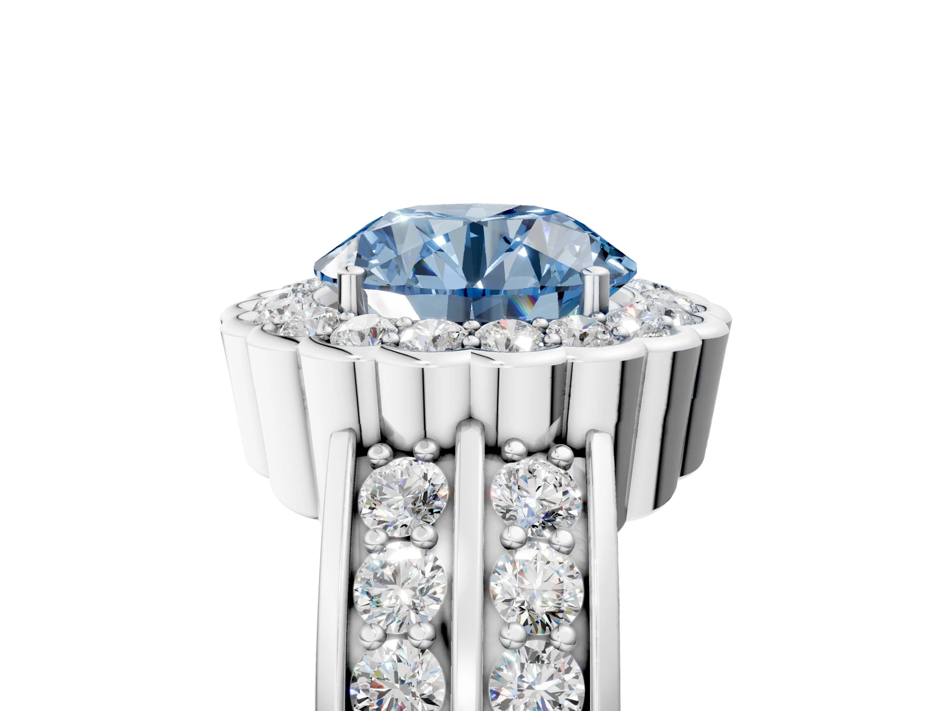 White gold Fancy Blue Round Cut Halo Diamond Split Shank Ring with Scalloped Prong Setting_17