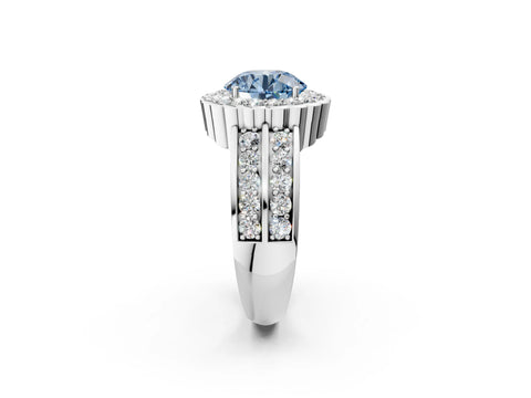 White gold Fancy Blue Round Cut Halo Diamond Split Shank Ring with Scalloped Prong Setting_2