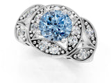 White gold Fancy Blue Round Cut Halo Milgrain Diamond Engagement Ring with Leaf Band and Four-Prong Setting_1