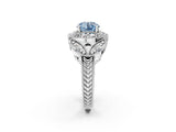 White gold Fancy Blue Round Cut Halo Milgrain Diamond Engagement Ring with Leaf Band and Four-Prong Setting_2