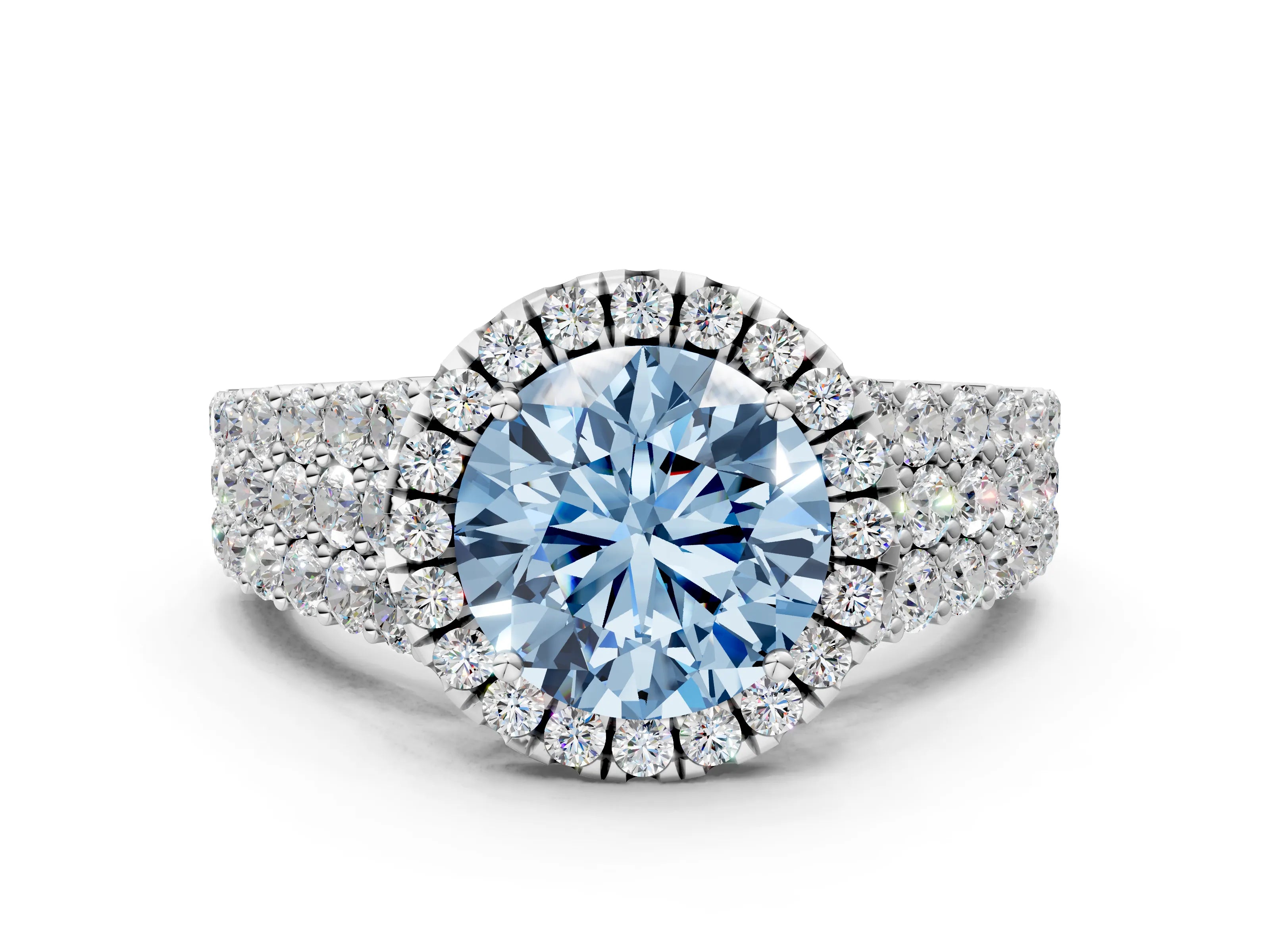 White gold Fancy Blue Round Cut Halo Pavé Diamond Engagement Ring with Split Shank and Four-Prong Setting_3