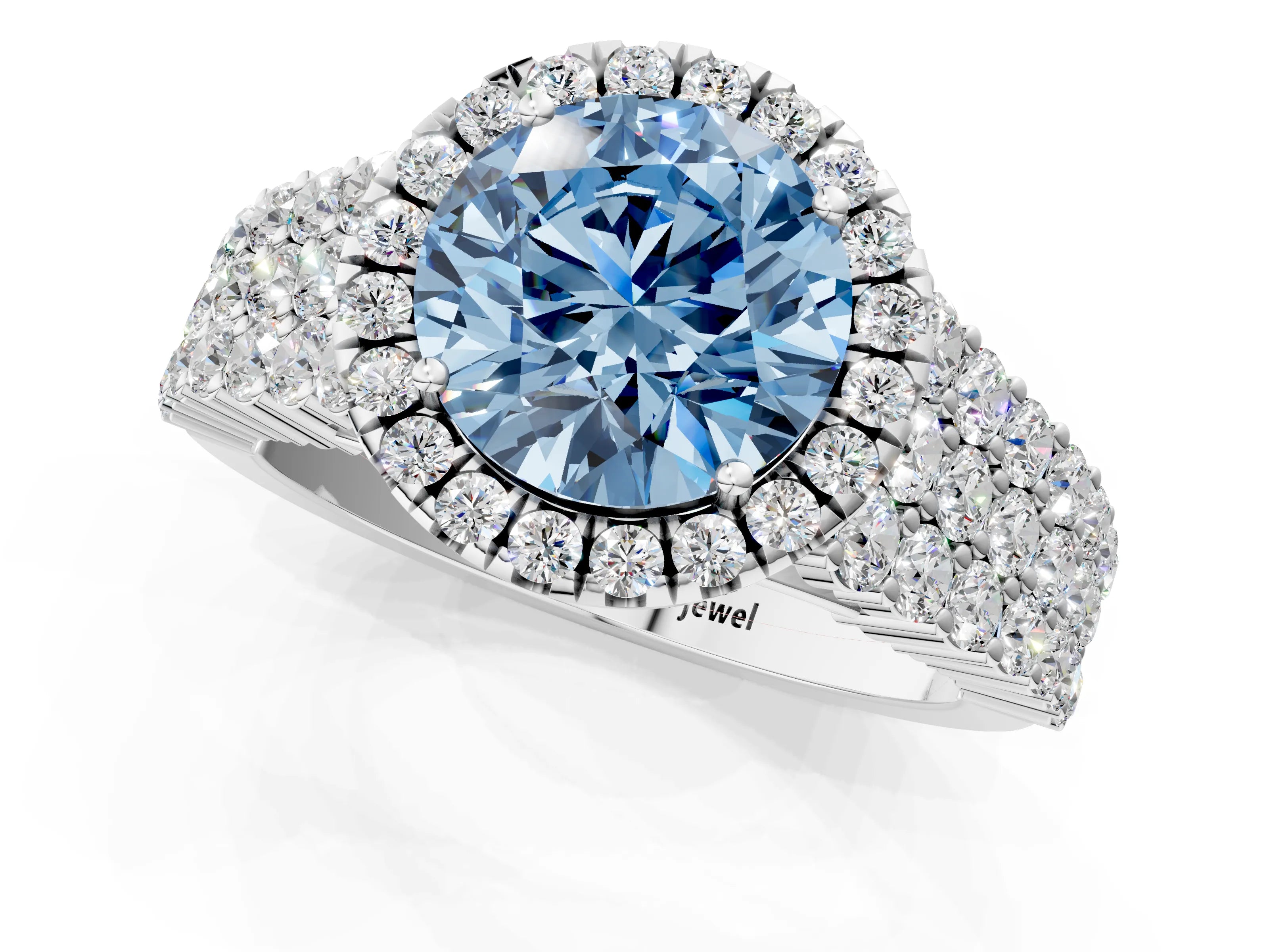 White gold Fancy Blue Round Cut Halo Pavé Diamond Engagement Ring with Split Shank and Four-Prong Setting_4