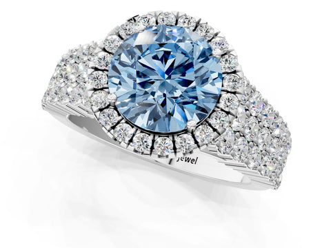 White gold Fancy Blue Round Cut Halo Pavé Diamond Engagement Ring with Split Shank and Four-Prong Setting_4