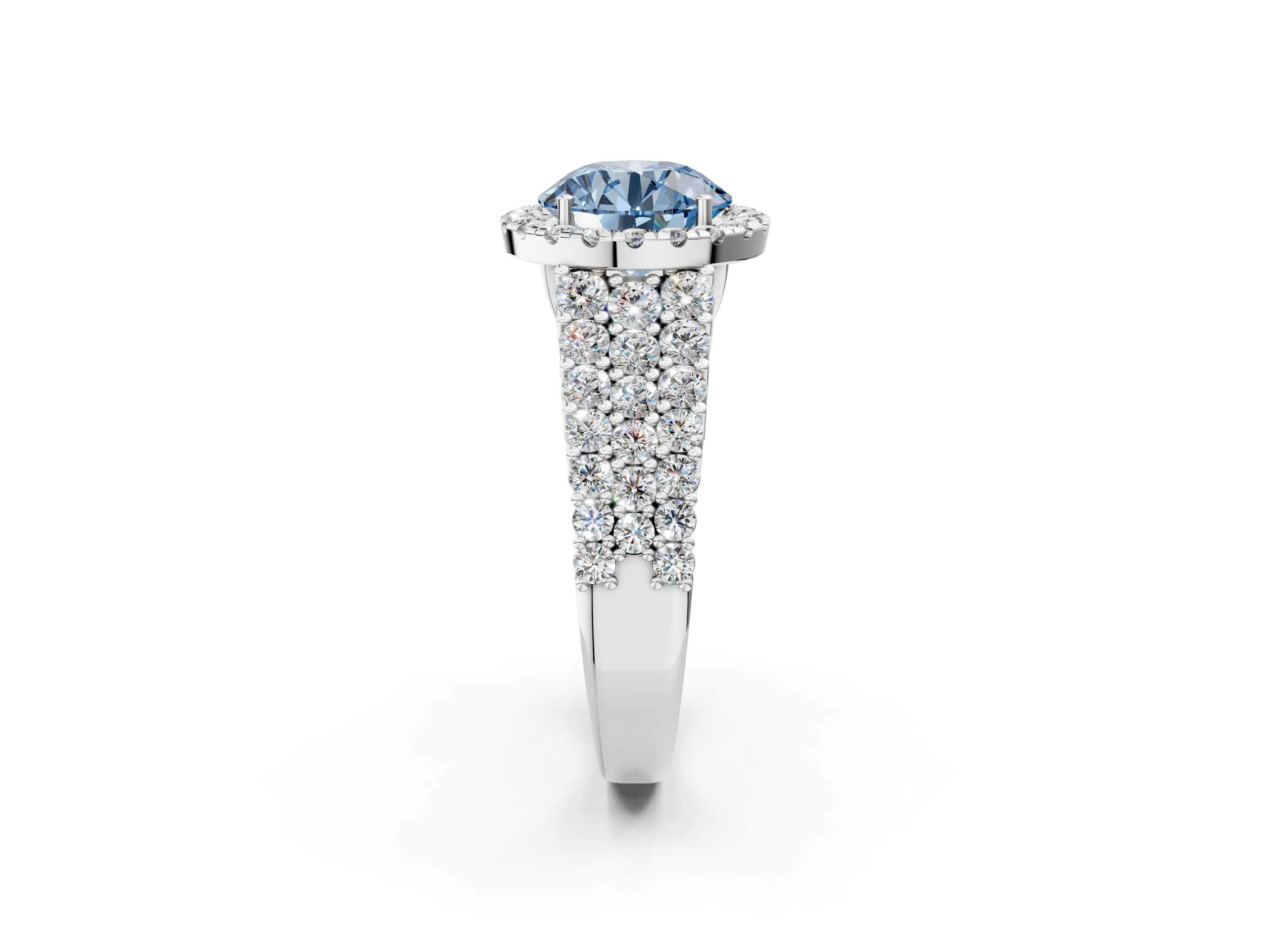 White gold Fancy Blue Round Cut Halo Pavé Diamond Engagement Ring with Split Shank and Four-Prong Setting_5