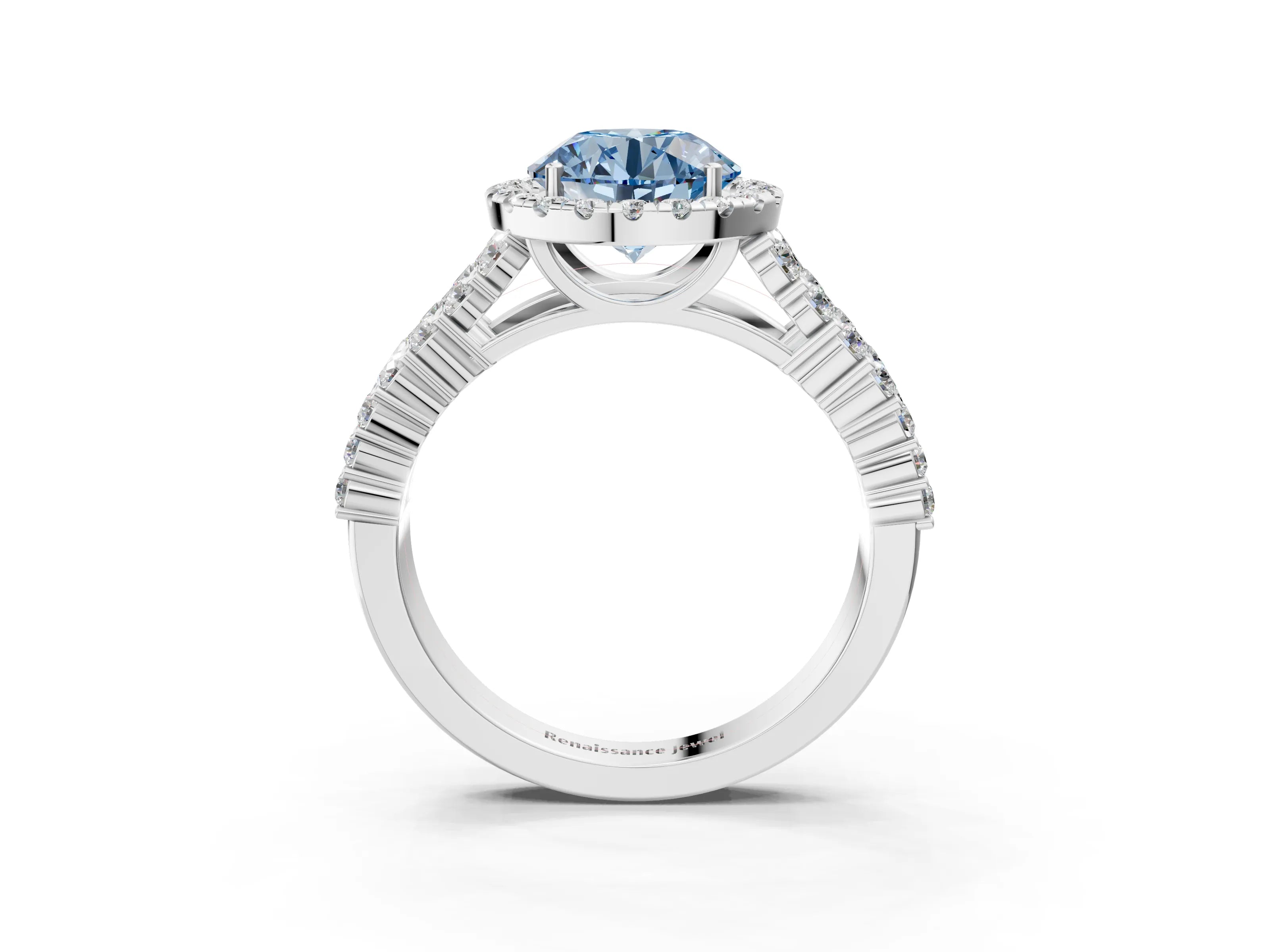 White gold Fancy Blue Round Cut Halo Pavé Diamond Engagement Ring with Split Shank and Four-Prong Setting_6