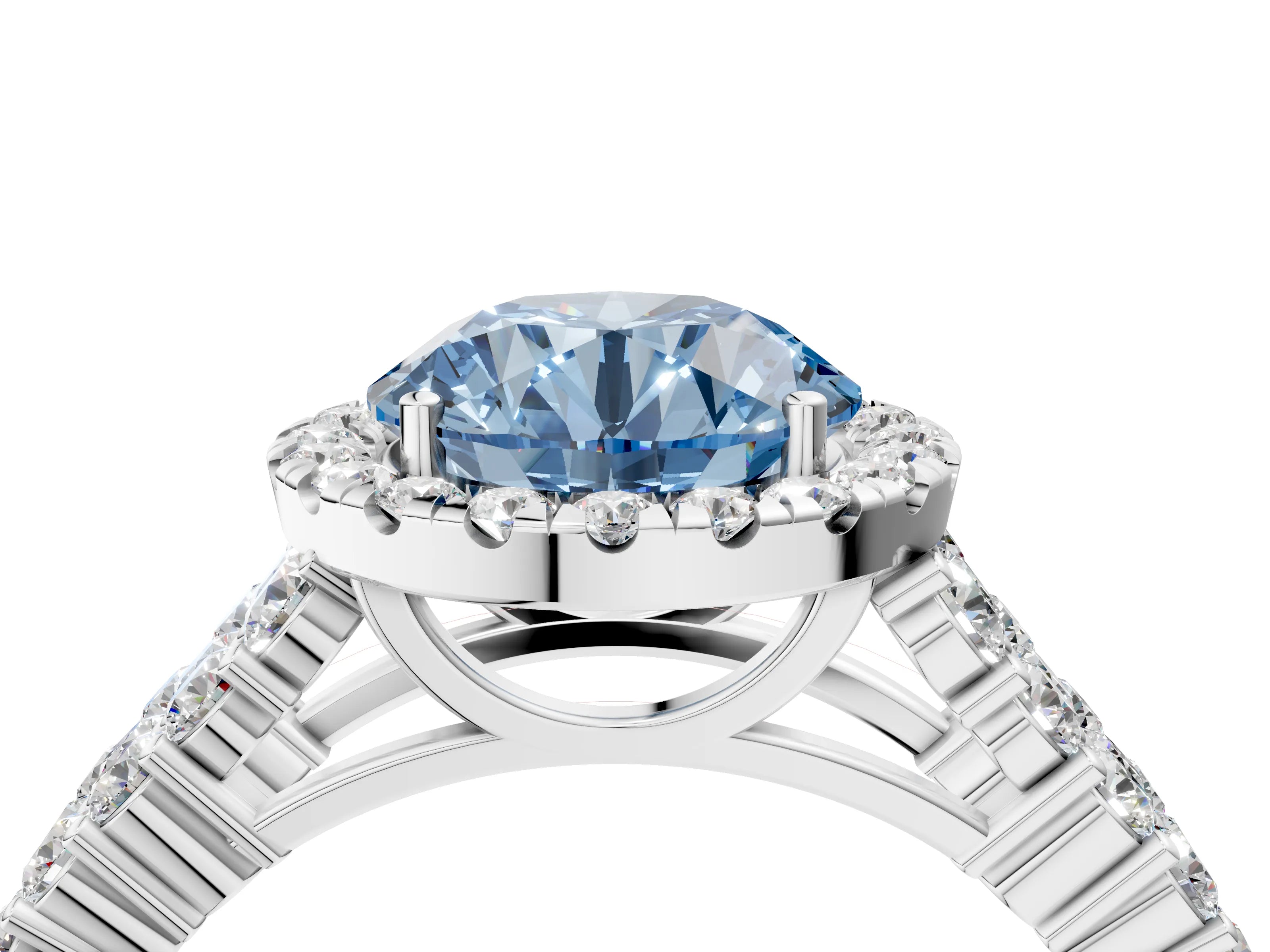 White gold Fancy Blue Round Cut Halo Pavé Diamond Engagement Ring with Split Shank and Four-Prong Setting_7