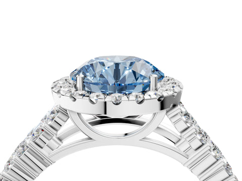 White gold Fancy Blue Round Cut Halo Pavé Diamond Engagement Ring with Split Shank and Four-Prong Setting_7