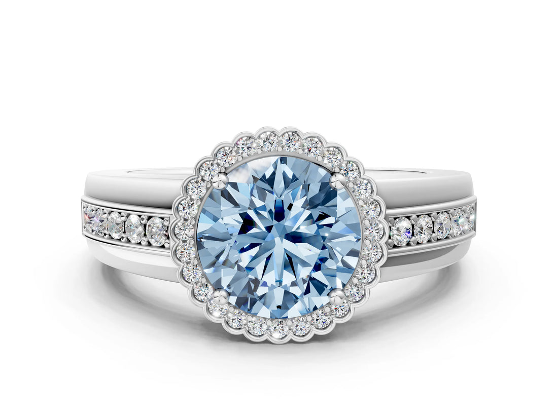 White gold Fancy Blue Round  Cut Halo Pave Band Four-Prong Ring_49