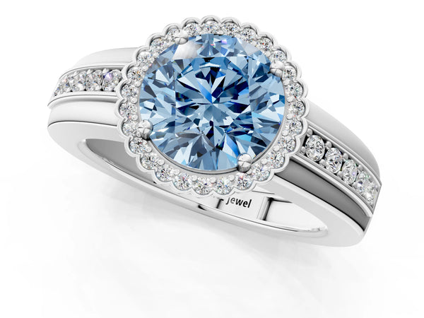 Platinum Fancy Blue Round  Cut Halo Pave Band Four-Prong Ring
