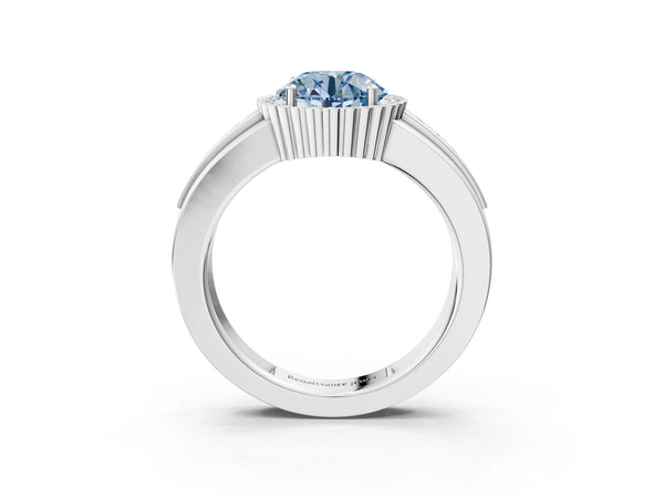 Platinum Fancy Blue Round  Cut Halo Pave Band Four-Prong Ring