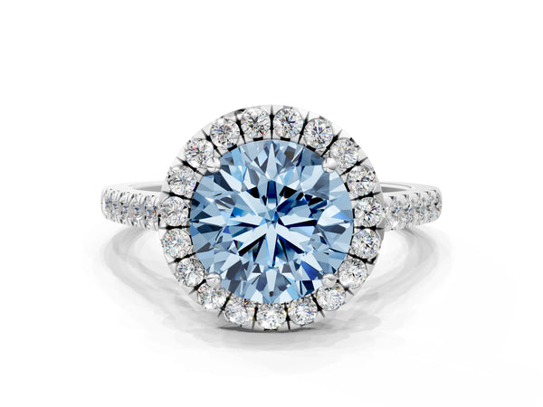 Platinum Fancy Blue Round Cut Halo Pave Diamond Engagement Ring with Four-Prong Setting