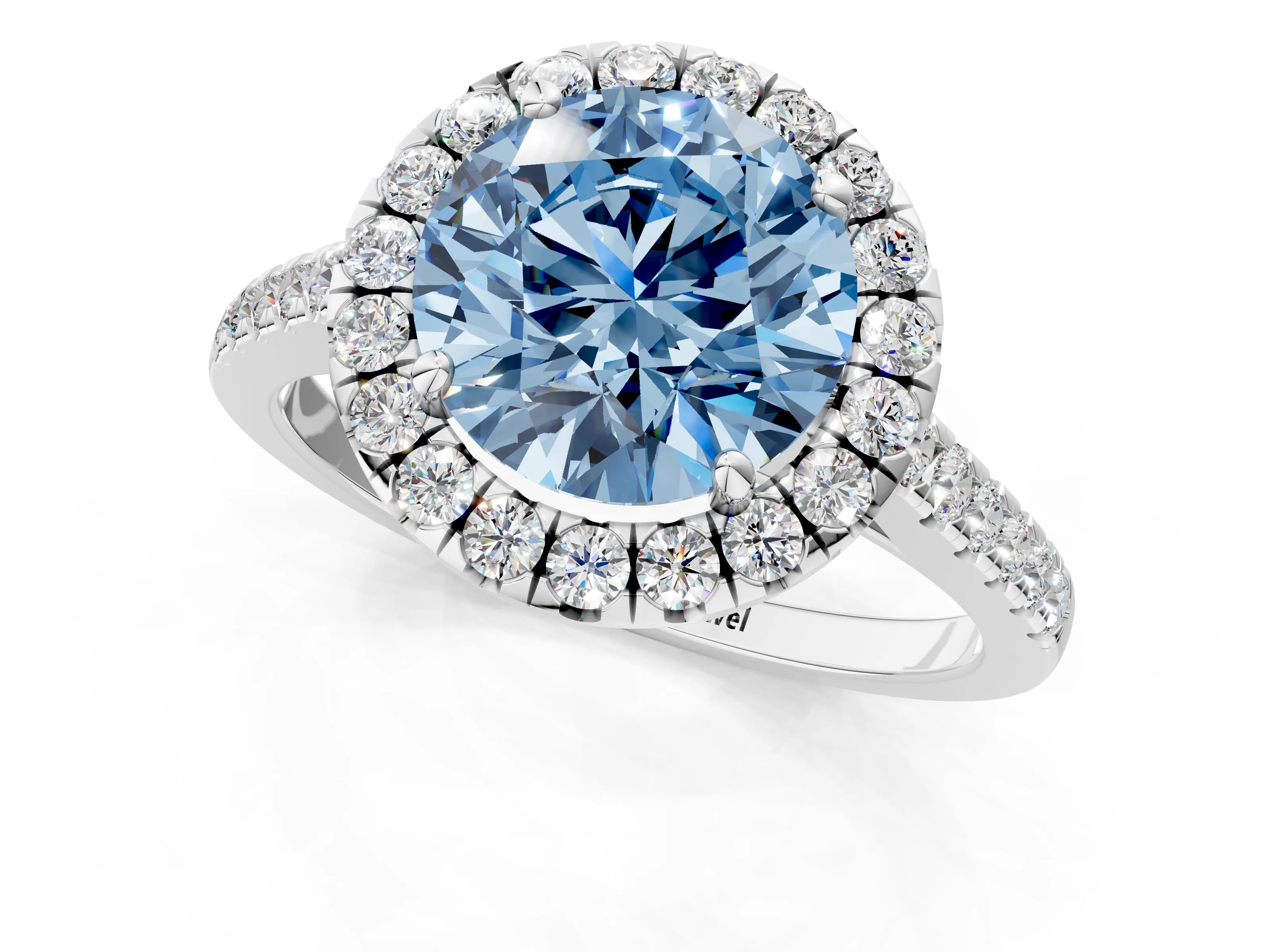 White gold Fancy Blue Round Cut Halo Pave Diamond Engagement Ring with Four-Prong Setting_1