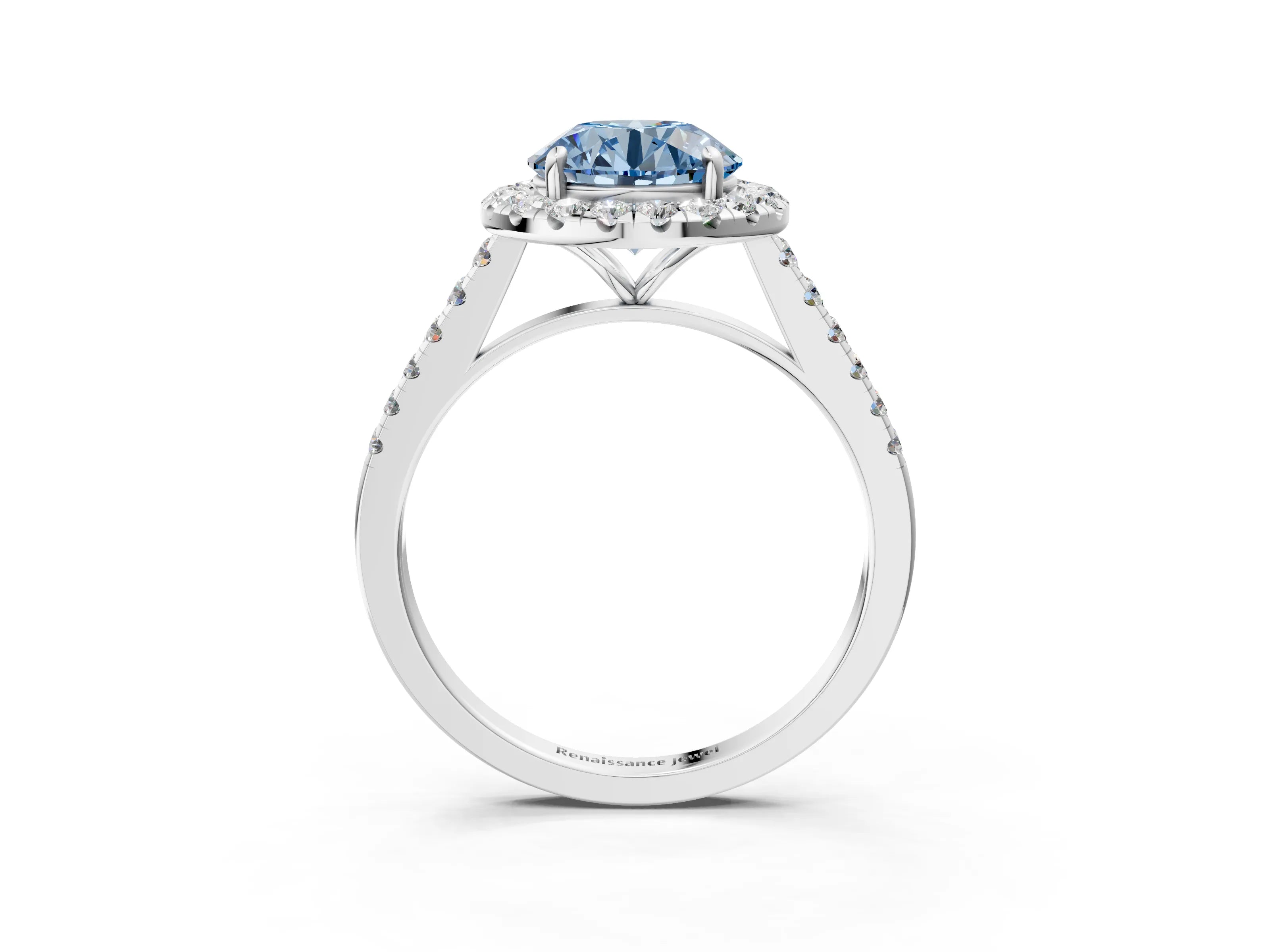White gold Fancy Blue Round Cut Halo Pave Diamond Engagement Ring with Four-Prong Setting_3