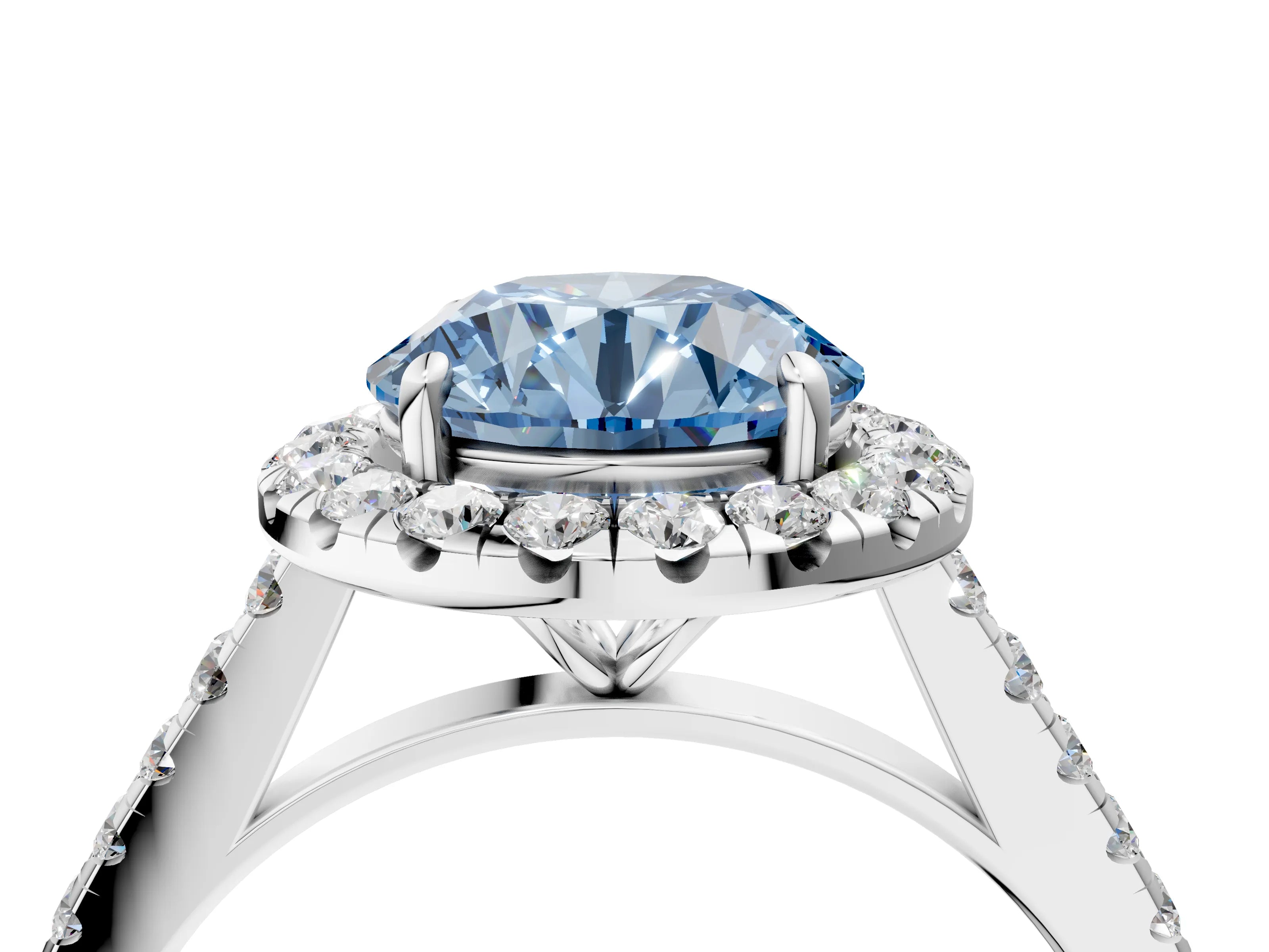 White gold Fancy Blue Round Cut Halo Pave Diamond Engagement Ring with Four-Prong Setting_4