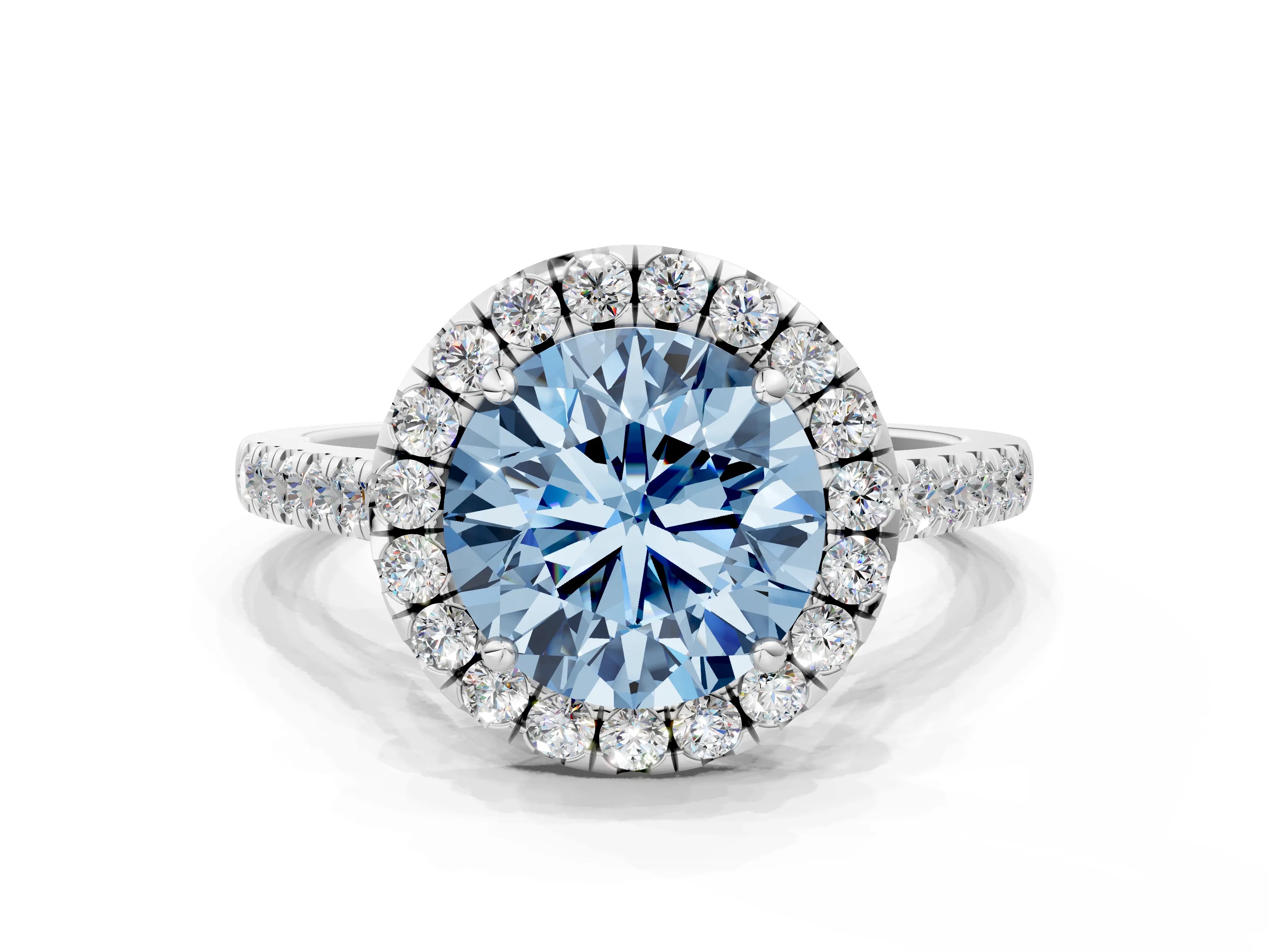 White gold Fancy Blue Round Cut Halo Pave Diamond Engagement Ring with Four-Prong Setting