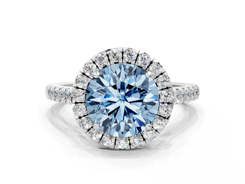 White gold Fancy Blue Round Cut Halo Pave Diamond Engagement Ring with Four-Prong Setting