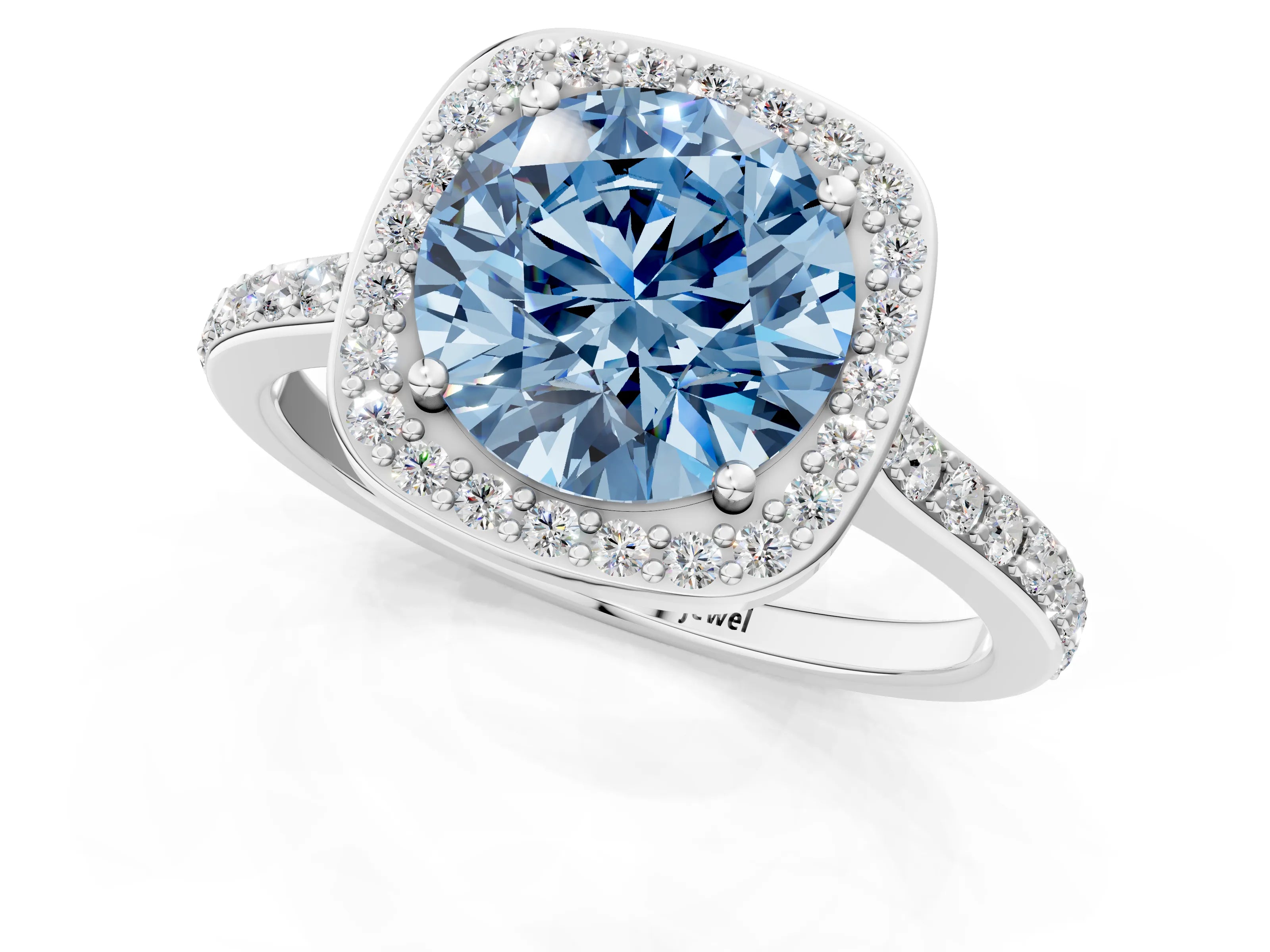 White gold Fancy Blue Round Cut Halo Round Diamond Pavé Band with Four-Prong Setting_16